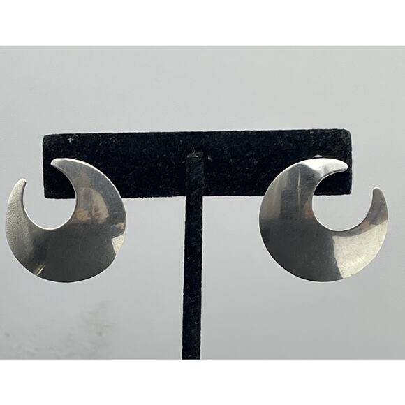 Vintage Sterling Silver 925 Modernist Crescent Moon Large Post Earrings Signed - Picture 4 of 8